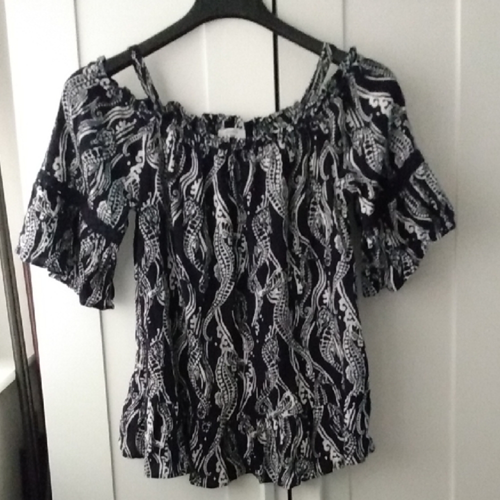 Blue  And White Off The Shoulder Nautical Seahorse Sleeve Blouse